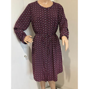 Women's MERONA Long Sleeve shirt-tail tie belt Dress L Navy Pink Print
